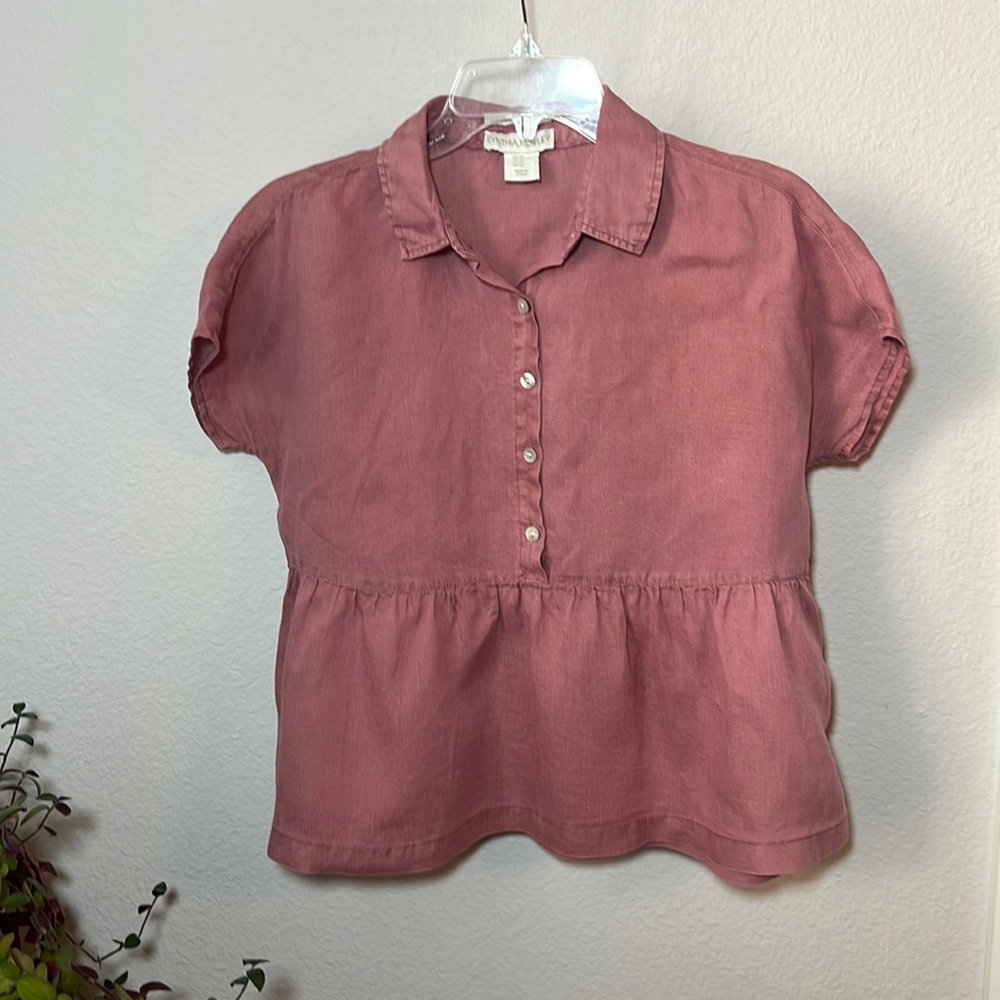 Cynthia Rowley 100% Linen Cap Sleeve pleated Peplum Top Mauve Size XS
